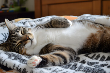 Fototapeta na wymiar a cat laying on a blanket on a bed