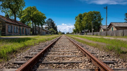 Fototapeta premium Railway tracks cutting through a rural village with weathered buildings under blue sky