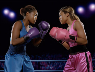Two female boxers in a competitive stance, wearing colorful boxing gloves, preparing for a match in a professional boxing ring with dramatic lighting and an energetic atmosphere
