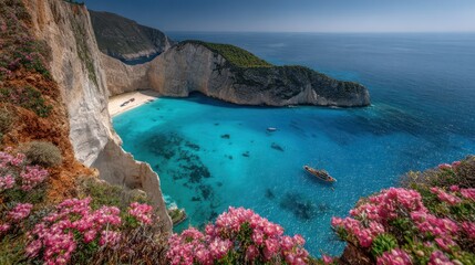 Stunning cliffside beach with turquoise water and blooming flowers, ship