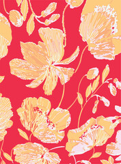 floral seamless pattern ink drawing. Black hand drawn flowers and leaves with dotted texture. Vector hawaii repeat background, wallpaper, print. Modern illustration.