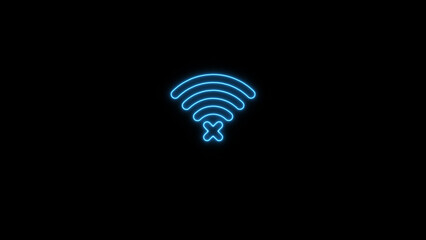 Glowing neon WIFI no signal indicator isolated on black background