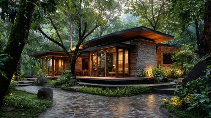 Fototapeta premium natural retreat in the forest surrounded by tamarind trees and rich greenery