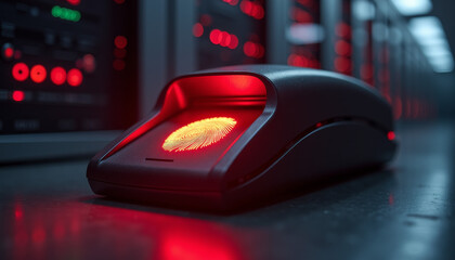 Fingerprint scanner glowing under red light in server room