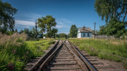 Obraz premium Rail tracks converge towards a small white building surrounded by lush greenery
