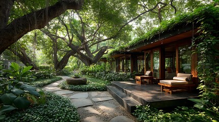 secluded nature retreat among tall tamarind trees with abundant natural flora and fauna