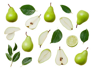 Green pear slices, whole and sliced pears with leaves, isolated on a Transparent background PNG