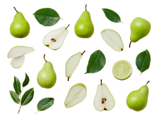 Green pear slices, whole and sliced pears with leaves, isolated on a Transparent background PNG