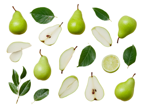 Green pear slices, whole and sliced pears with leaves, isolated on a Transparent background PNG