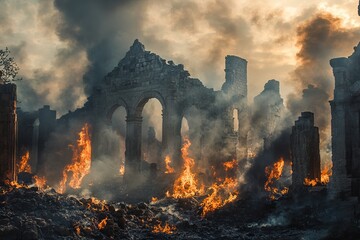 Burning ruins of stone building with dramatic smoke clouds in post-apocalyptic atmosphere