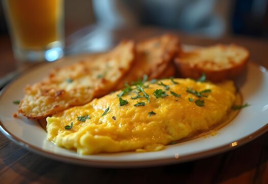 Fluffy Cheese Omelet with Golden Hash Browns and Toast
