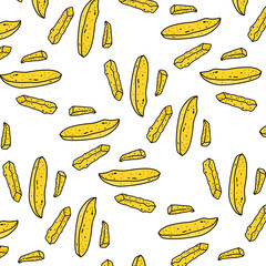 Seamless vector pattern featuring hand-drawn doodle style French fries. The yellow crispy fries are scattered randomly on a clean white background, ideal for food packaging, fast food branding