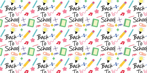 Back to School Seamless Pattern | Cute Doodle Style School Supplies and Typography Background