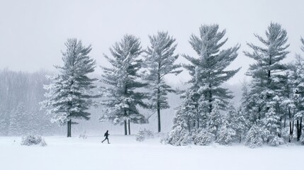 Snowy landscape featuring pine trees, a blanket of snow, and a lone runner on winter's day
