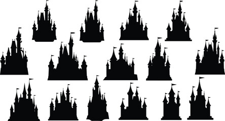 Black castle silhouettes set with multiple towers, flags, and turrets – fairy tale, fantasy, medieval architecture design elements © CreativeArtist