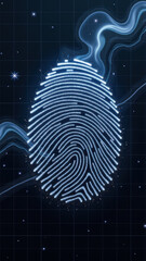 Digital fingerprint design with glowing lines and cosmic background, representing security and identity