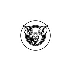 A detailed black and white illustration featuring a pig's head within a circular frame.