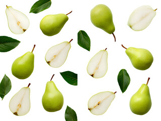  Green pear slices, whole and sliced pears with leaves, isolated on a Transparent background PNG