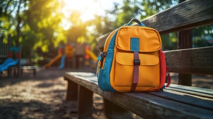 Colorful backpack rests on park bench, sunny playground background