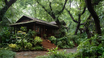 rustic natural lodging surrounded by tamarind trees with abundant foliage and nature calm serene scene