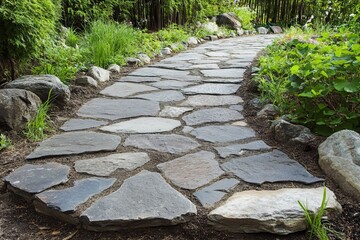 Naklejka premium Stone pathway winding through lush green garden with natural landscaping and flowers