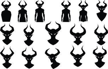 Demonic horned silhouette character set – dark fantasy villain heads and figures for horror art, tattoo design, logo, and concept
