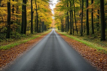 Obraz premium Autumn forest road lined with tall trees and fallen leaves, peaceful seasonal transition scene