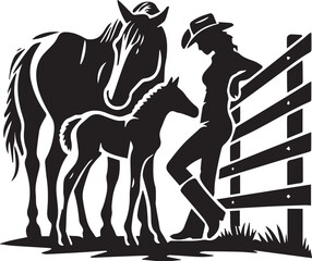 Cowgirl and horses silhouette by a ranch fence