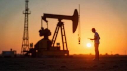 Silhouette of a worker and oil pump against the vibrant backdrop of sunset skies