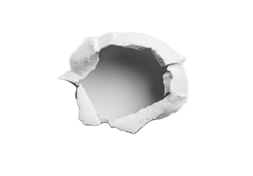 A circular hole punched through white paper.  Crisp edges and torn paper surrounding the void