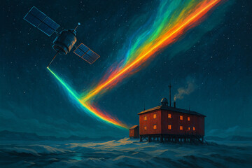 an arctic research station is connected to the satellite by an Aurora-like laser stripe, space-based solar power