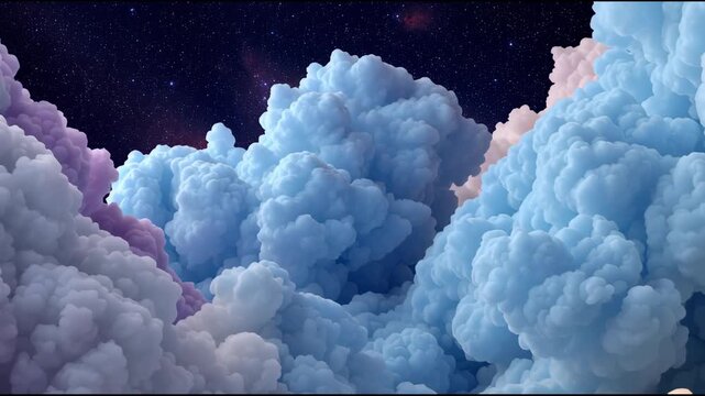 Dreamy blue cloudscape with fluffy pastel clouds and starry night sky, evoking sense of wonder and tranquility, perfect for fantasy or surreal backgrounds, colorful cloudscape dreamy sky fluffy