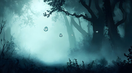 Ethereal ghosts floating in a dark misty forest with glowing eyes spooky