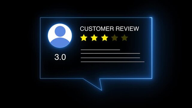 Glowing neon Rating 3 stars icon animation. animation customer review concept, character giving three star feedback on neon rectangle. animated customer satisfaction rating
