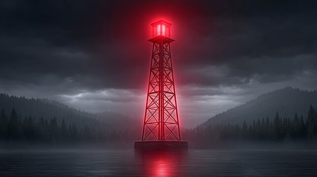 Emergency tsunami warning system tower with flashing red lights on beach during alert