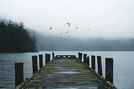 a dock with birds flying over it