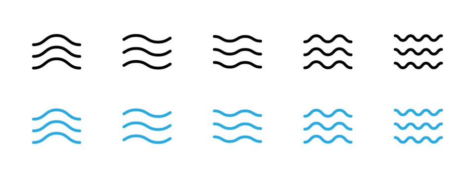 Water waves icon set. Three parallel wavy lines symbolizing waves or water flow vector illustration. Simple sea ripple pictogram symbol. Clean water sign. Minimalist wave pictogram.