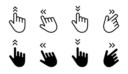 Swipe arrow icon. Hand gestures for touchscreen navigation up, down, left and right vector illustration. Mobile interface control symbol. Slide action UI sign. Minimal gesture pictogram.