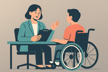 Counselor woman consulting with man in wheelchair at desk during support session, flat cartoon illustration of social care