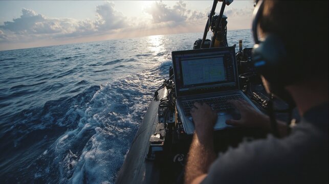 A closeup of a survey boats sonar device in action emitting sound waves into the water revealing the contours of the seabed below while a technician monitors realtime data on a laptop