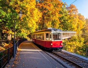 Fototapeta premium Autumnal tram ride through colorful trees