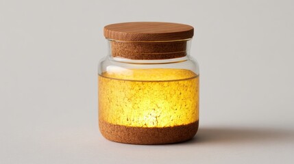 Minimalist Nordic candle jar with cork base and wooden lid, warm glowing light through glass, sustainable home decor, cozy ambiance, natural texture