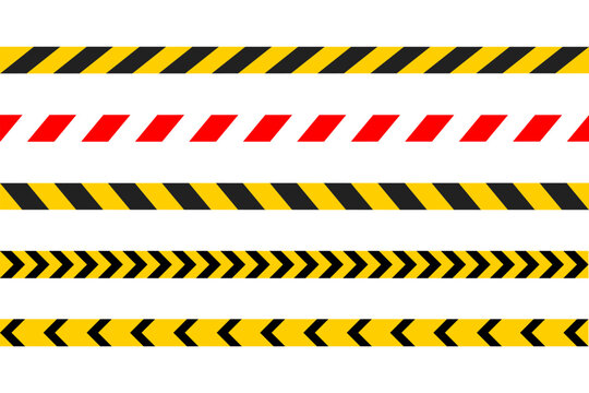 Hazard caution tapes with diagonal stripes in yellow, black and red vector illustration. Used for safety zones and restricted areas symbol. Construction and danger alert sign. Barrier and security.