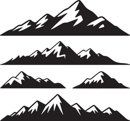 Set of mountain range silhouettes. Vector graphic icons of rocky peaks with snow for adventure and outdoor logos.