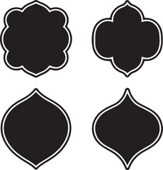 Ornate silhouette frame set. A collection of four black arabesque and quatrefoil vector shapes with white borders for labels or badges.