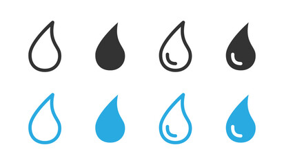 Water drop icon set. Simple liquid droplet shape in outline, solid and colored styles vector illustration. Rain, purity, hydration and fluid symbol. Suitable for apps, UI, nature and ecology sign.