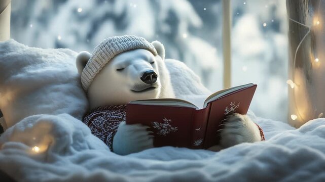A polar bear wearing a knit sweater and hat is resting in a soft snowy setting, reading a book. The bear is illuminated by soft glowing lights with a snowy forest outside.