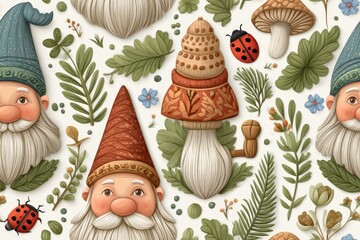 Obraz premium Whimsical Garden Gnomes and Mushrooms Seamless Pattern