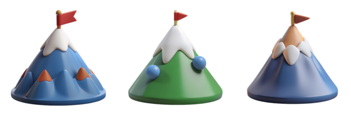 Set For Three cartoon mountain peaks with flags isolated on transparent background