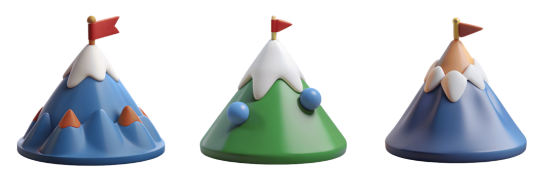 Set For Three cartoon mountain peaks with flags isolated on transparent background
